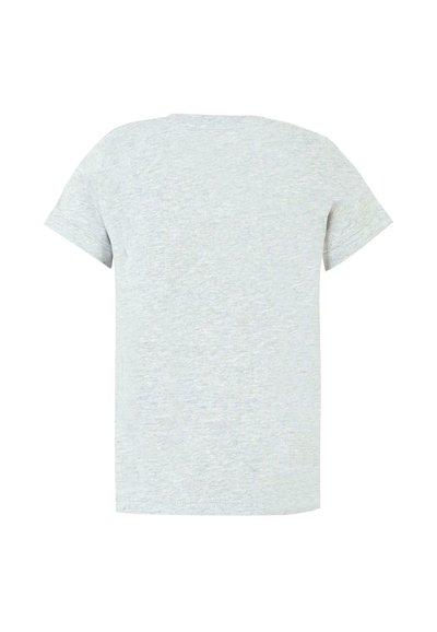 T-shirt gris à manches courtes fabriqué en tissu doux avec une finition légèrement texturée. Col ras du cou classique et coupe décontractée. Pas de logos ou motifs visibles.
