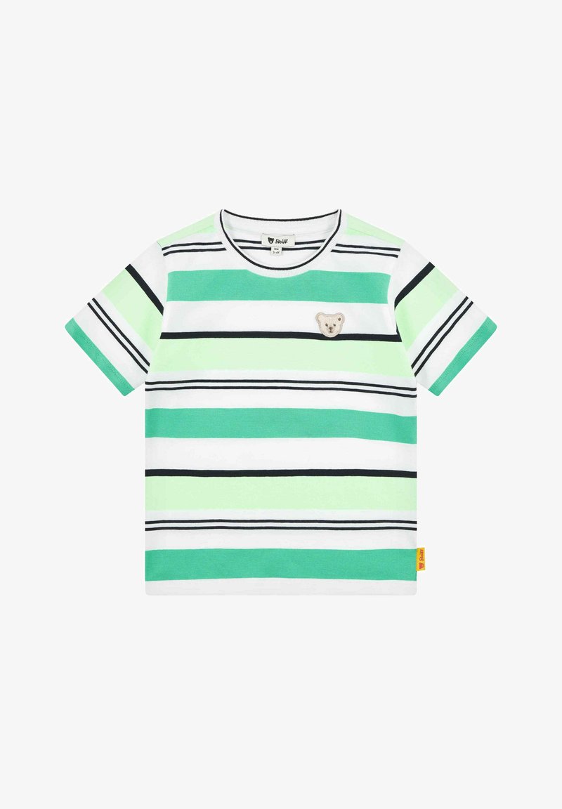 Camiseta de manga corta a rayas con rayas horizontales en verde menta, blanco y negro, con un parche de oso en el pecho y una etiqueta amarilla.