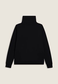 Felpa nera con collo alto e maniche lunghe, realizzata in tessuto morbido. Presenta un colletto alto e polsini e orlo a coste. Design semplice, senza motivi.