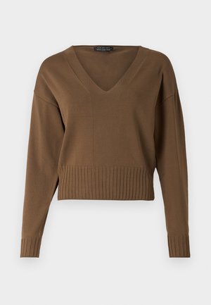 Brun cropped sweater med V-hals, ribbet bund og lange ærmer. Fremstillet af et glat strikstof med en subtil tekstur.