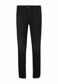 Jeans de mezclilla negra con corte recto, cinco bolsillos y cierre frontal con botón. Presentan una costura sutil a lo largo del dobladillo.