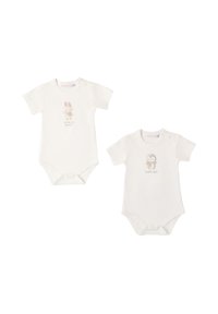 Bodysuits de algodón para bebés en color blanco roto. Uno presenta un gráfico de un conejo; el otro, un oso. Cada uno tiene mangas cortas y cierres de presión en la parte inferior.