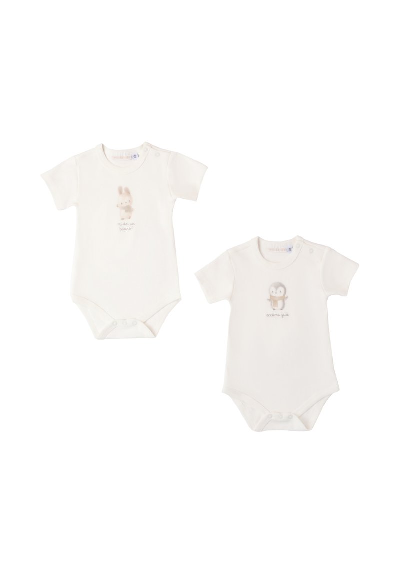 Bodysuits de algodón para bebés en color blanco roto. Uno presenta un gráfico de un conejo; el otro, un oso. Cada uno tiene mangas cortas y cierres de presión en la parte inferior.