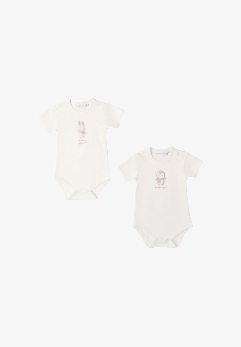 Bodies en coton pour bébé en blanc cassé. L'un présente un graphique de lapin ; l'autre, un ours. Chacun a des manches courtes et des fermetures à pression en bas.