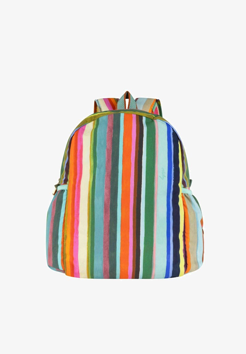 Multicolore gestreepte rugzak met verticale lijnen in tinten groen, oranje, roze en blauw. Stoffen textuur met verstelbare schouderbanden.