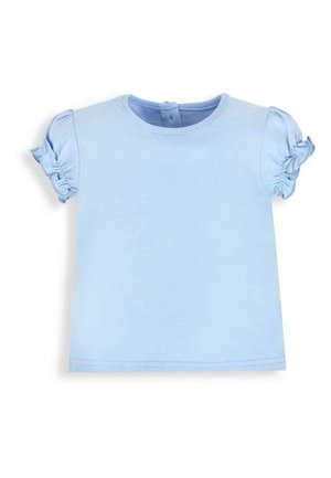 Hellblaues Kurzarm-T-Shirt für Kleinkinder mit gesammelten Rüschendetails an den Ärmeln und einem runden Ausschnitt.
