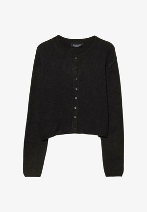 Cardigan corto verde scuro con maniche lunghe, scollo rotondo e davanti con sei bottoni neri e rifiniture a costine.