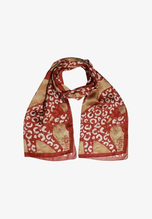 Sciarpa rossa e beige con motivo leopardato e texture liscia, con bordi sfrangiati e dettagli accentuati.