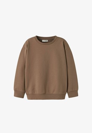 Hnedá mikina s okrúhlym výstrihom, dlhými rukávmi, rebrovanými manžetami a lemom, zobrazená na bielom pozadí.