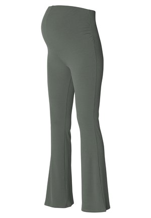 Rippierte, olivgrüne Schwangerschaftsleggings mit ausgestelltem Saum und elastischem Bund, die für Komfort und Flexibilität während der Schwangerschaft konzipiert sind.