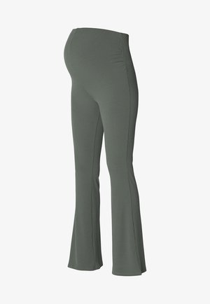 Rippierte, olivgrüne Schwangerschaftsleggings mit ausgestelltem Saum und elastischem Bund, die für Komfort und Flexibilität während der Schwangerschaft konzipiert sind.