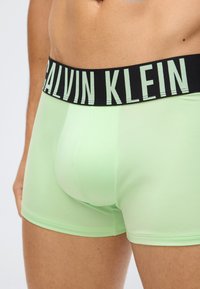 Detailní záběr na osobu v světlounce zelených boxerkách Calvin Klein s černým pasem, na kterém je velkými bílými písmeny uvedeno jméno značky.