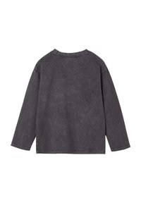 Long-sleeve top in dark gray cotton blend, features a classic crew neck, relaxed fit, and subtle texture without visible patterns or accents.