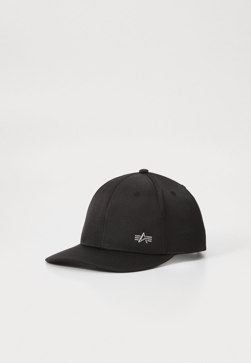 Black baseball cap with a flat brim, made of durable fabric. Features a small, silver logo on the front and ventilation eyelets on the crown.
