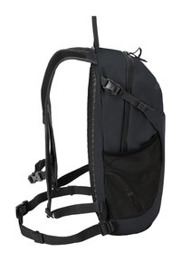 Petit sac à dos noir avec bretelles rembourrées réglables, poche latérale en filet, fermeture éclair supérieure, et sangles de poitrine et de taille à boucle.