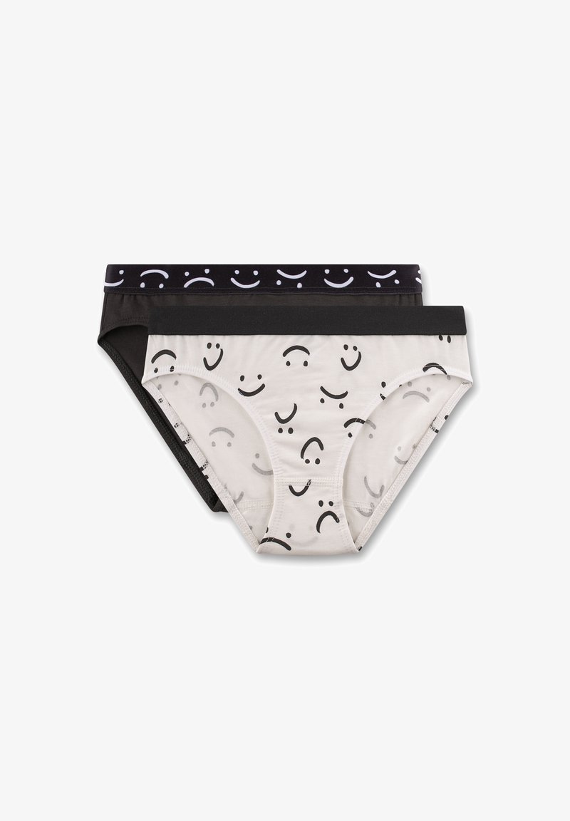 Drei Paare Damenunterhosen: eine schwarze, eine schwarze mit weißen Smiley-Mustern und eine weiße mit grauen Smileys, alle mit elastischen Taillenbändern.