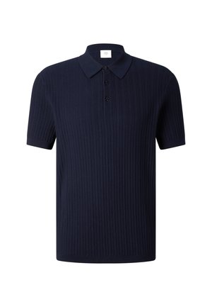 Mørkeblå kortærmet polo med ribstrikket tekstur, knaplukning og klassisk krave.