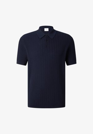 Navy blue short-sleeve polo shirt with ribbed texture, buttoned placket, and classic collar.