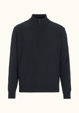 Pullover sweater in dark navy, featuring a high ribbed collar, half-zip, textured knit pattern, and ribbed cuffs and hem.