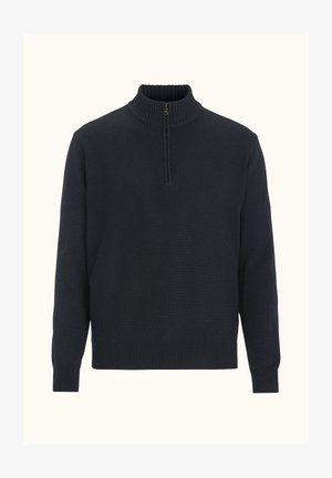 Tummansininen villapaita, jossa on korkea resorikaulus, puolivetoketju, teksturoitu neulekuvio sekä resorit hihansuissa ja helmassa.