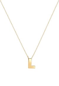 Goldkette mit einem Anh�änger in Form eines großen "L" mit glatter Oberfläche, befestigt an einer zarten Kette mit kleinen Gliedern.