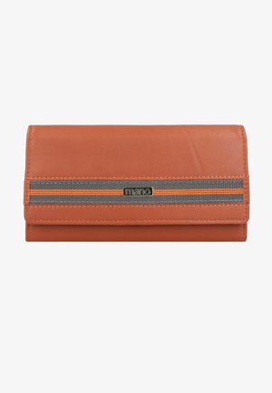 Bruine leren portemonnee met een grijs en oranje gestreept stoffen accent. Vouwontwerp met gestikte randen en een metalen logo plaat.