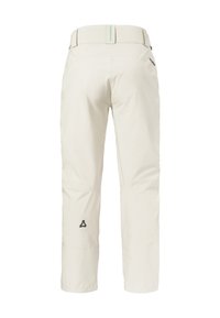 Helle beige Skihose mit glatter Textur, ausgestattet mit einem schwarzen Logo am linken Bein und grünen Akzenten an der Taille.