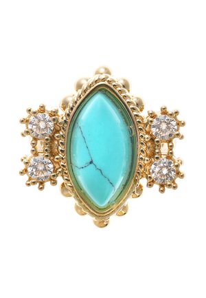 Bague en or avec une pierre turquoise en forme de marquise au centre, entourée de grappes de pierres précieuses rondes et transparentes de chaque côté.