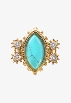 Bague en or avec une pierre turquoise en forme de marquise au centre, entourée de grappes de pierres précieuses rondes et transparentes de chaque côté.