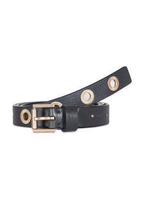 Black leather belt featuring a gold-tone metal buckle and circular accents along the strap. Textured surface with a smooth finish.