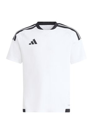 Bílé sportovní tričko s krátkým rukávem, černým kulatým výstřihem, černými pruhy na ramenou a černým logem Adidas na hrudi.