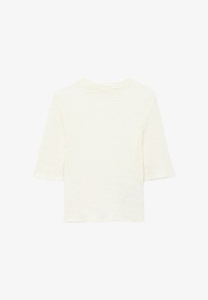Weißes, strukturiertes Kurzarmoberteil mit einem subtilen wellenförmigen Muster und einem runden Ausschnitt. Der Rücken hat ein lässiges Design.