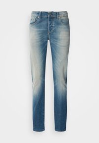 Ανοιχτό μπλε τζιν παντελόνι με ξεθωριασμένο σχέδιο, κανονική γραμμή, πέντε τσέπες και μεταλλικά αξεσουάρ στη μέση και τις τσέπες.