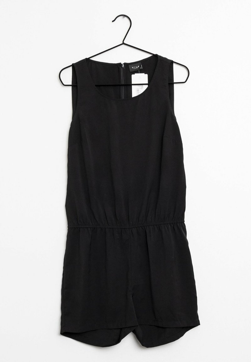 Romper sans manches noir avec un col rond, une taille élastique et une fermeture éclair au dos. Fabriqué à partir d'un tissu léger.