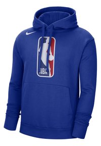Hoodie NBA bleu en matière mélange de coton, avec une poche avant, capuche à cordon de serrage et grand logo avec des accents rouges et blancs.
