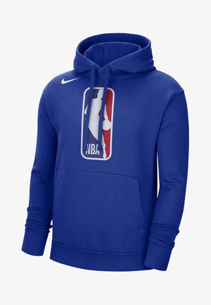 Hoodie NBA bleu en matière mélange de coton, avec une poche avant, capuche à cordon de serrage et grand logo avec des accents rouges et blancs.