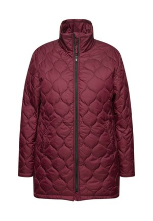 Burgunderfarbene gesteppte Jacke mit hohem Kragen und durchgehendem Reißverschluss. Verfügt über ein abgerundetes Rautenmuster und lange Ärmel für zusätzliche Wärme.