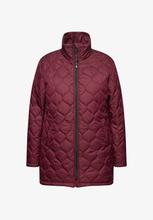 Burgunderfarbene gesteppte Jacke mit hohem Kragen und durchgehendem Reißverschluss. Verfügt über ein abgerundetes Rautenmuster und lange Ärmel für zusätzliche Wärme.