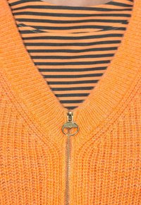 Cardigan lavorato a maglia arancione con scollatura a V e una cerniera dorata sul davanti, indossato sopra una camicia a righe marrone e arancione.