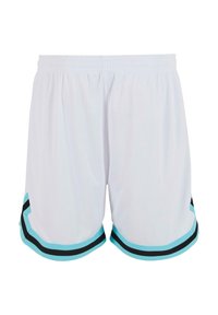 Weiße Sportshorts mit einem atmungsaktiven Textur. Verfügt über schwarze und türkisfarbene Streifen am Saum. Elastischer Bund für zusätzlichen Komfort.