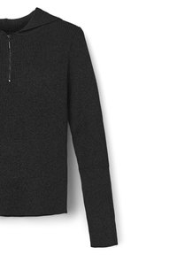 Schwarze Kapuzenjacke mit Reißverschluss, gerippter Textur, langen Ärmeln und tailliertem Design. Mit einem halb-langen Reißverschluss an der Vorderseite.
