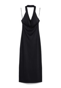 Abito nero a halter con un fronte drappeggiato, spalline sottili e scollo a V. Realizzato in tessuto liscio con una silhouette fluida e aderente.