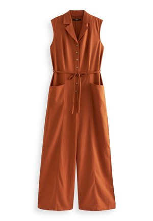Combinaison sans manches couleur rouille avec col à revers, boutons sur le devant, ceinture à nouer à la taille, jambes larges et deux poches devant.