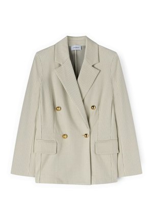 Béžové dvouřadé sako s pruhy, širokými klopami, zlatými knoflíky a předními kapsami se klopami.