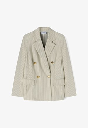 Beiger, doppelt geknöpfter Nadelstreifen-Blazer mit breiten Revers, goldenen Knöpfen und Klappentaschen vorne.