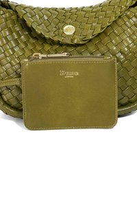 Olive green woven handbag with a glossy finish and a magnetic snap closure; includes a matching cardholder with gold lettering.