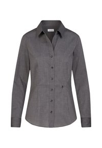 Grå långärmad skjorta med krage och subtil svart broderad ros nära de nedre knapparna.