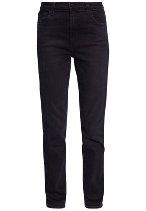 Mustat slim fit -farkut, joissa on viisi taskua, vyölenkit ja napillinen kiinnitys, esitetty valkoista taustaa vasten.
