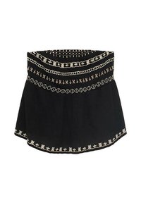 Black skirt with a fitted waist, featuring intricate white embroidery along the hem and top edge. Soft texture, flared shape.