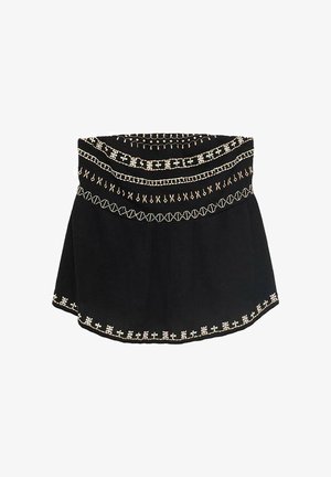 Black skirt with a fitted waist, featuring intricate white embroidery along the hem and top edge. Soft texture, flared shape.